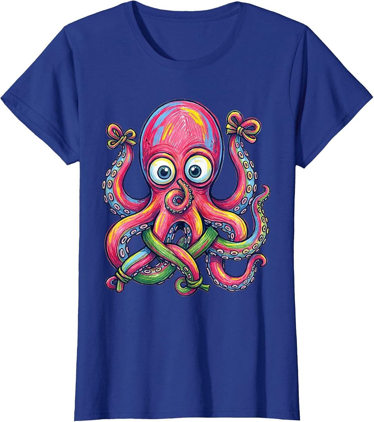 Women's Derpy Googly-Eyed Octopus Tangled Tentacles T-Shirt - Royal Blue