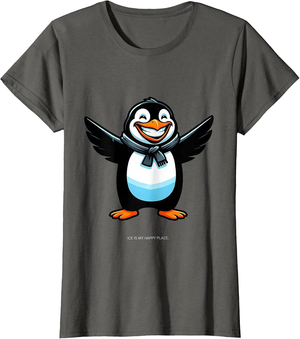 Women's Ice Is My Happy Place Penguin Design T-Shirt - Asphalt Grey