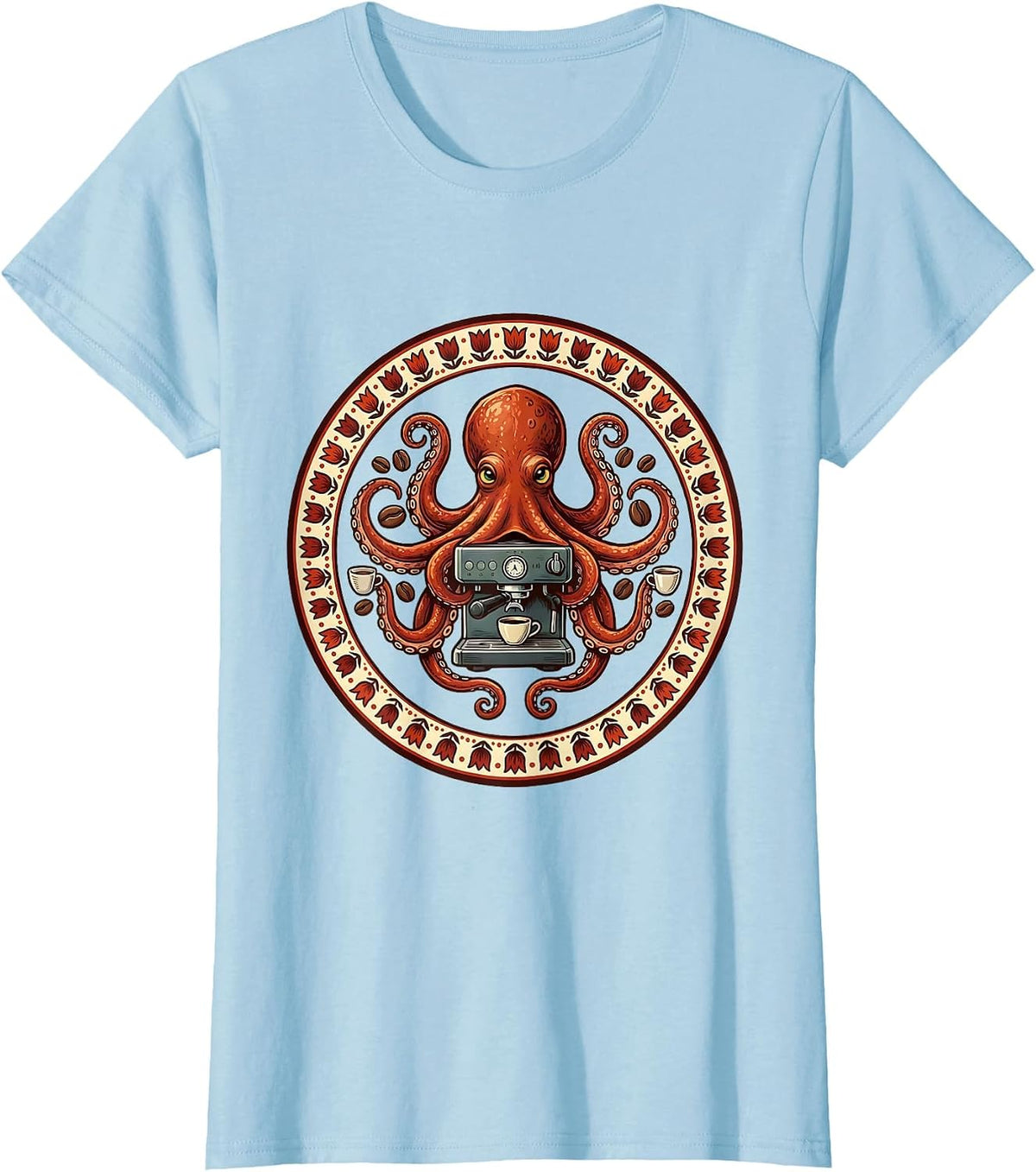 Women's Octopus Barista Espresso Machine Coffee Art T-Shirt - Baby Blue