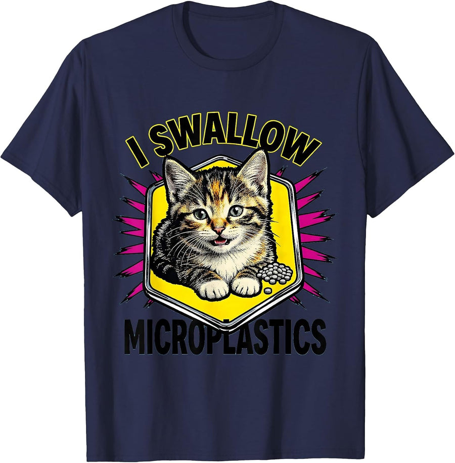 I Swallow Microplastics Pop Art Cat Meme Humor T-Shirt - Navy Blue
