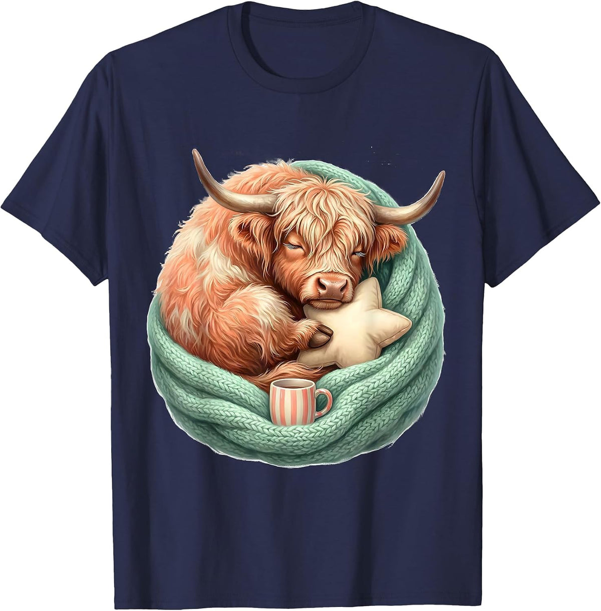 Sleepy Highland Cow Kawaii Holiday Pajama Gift T-Shirt - Navy Blue