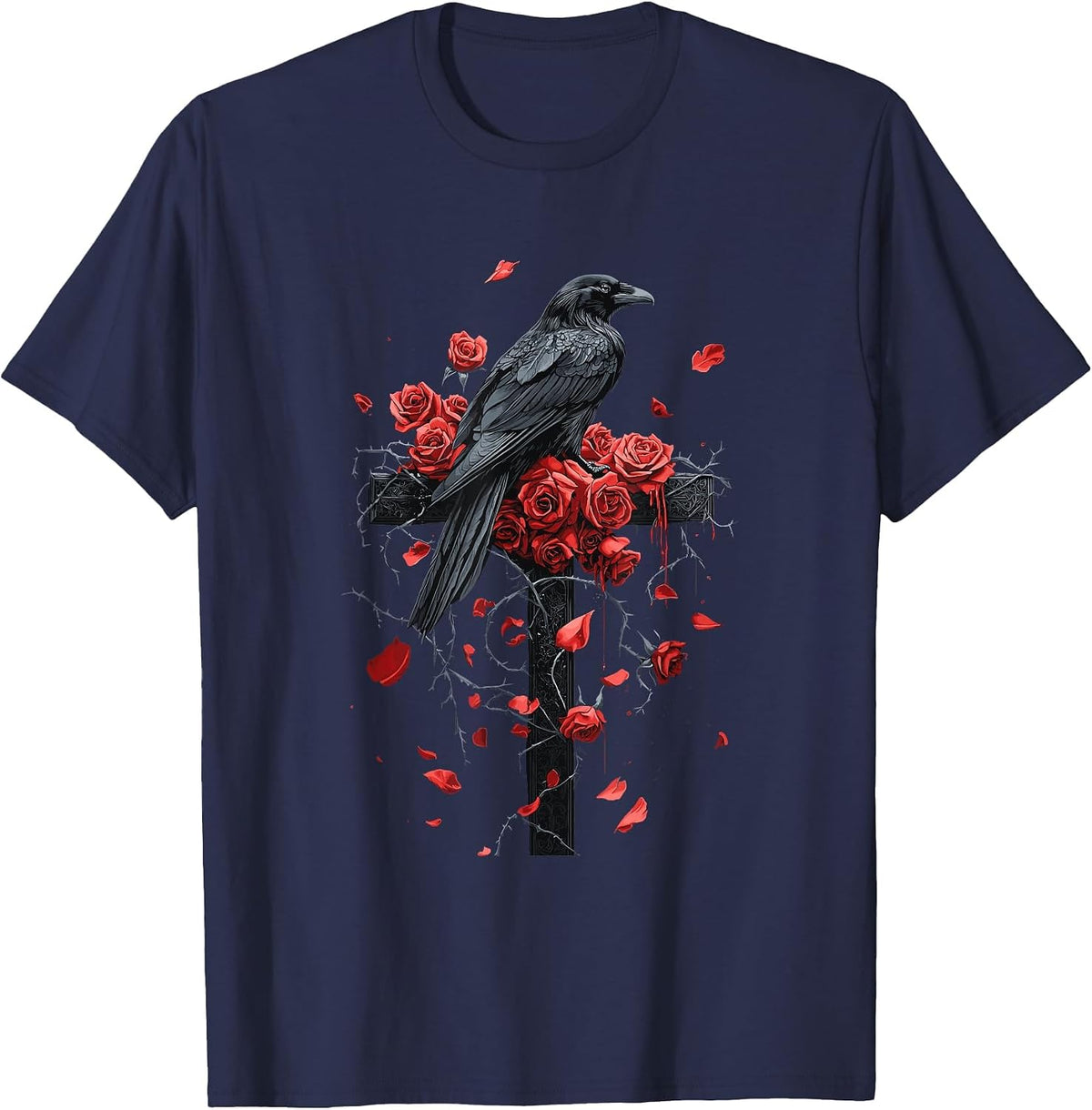 Raven with Roses on Cross Gothic T-Shirt - Navy Blue