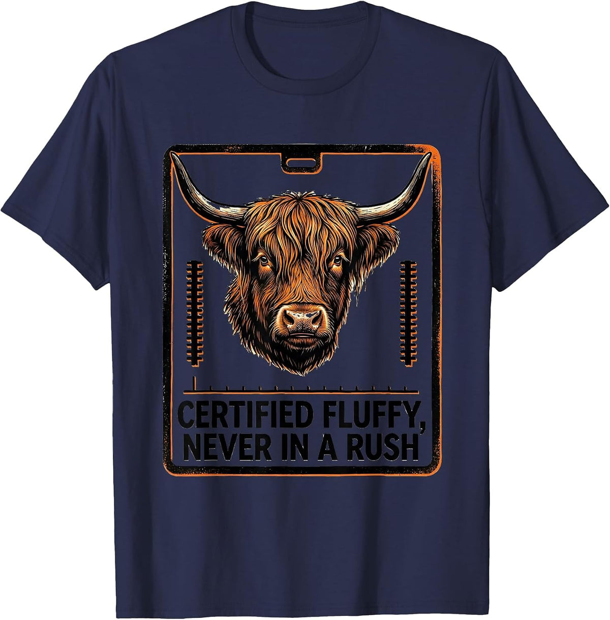 Men's Certified Fluffy Never In A Rush Cute Highland Cow Humor T-Shirt - Navy Blue