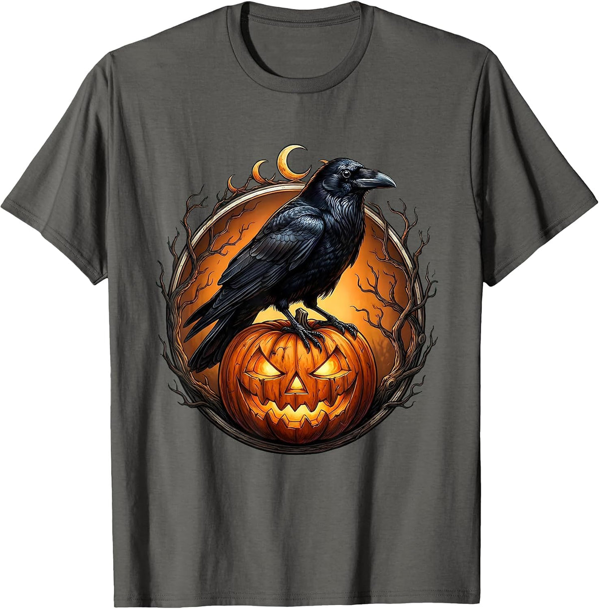 Crow on Jack-O-Lantern Halloween Night Design T-Shirt - Asphalt Grey