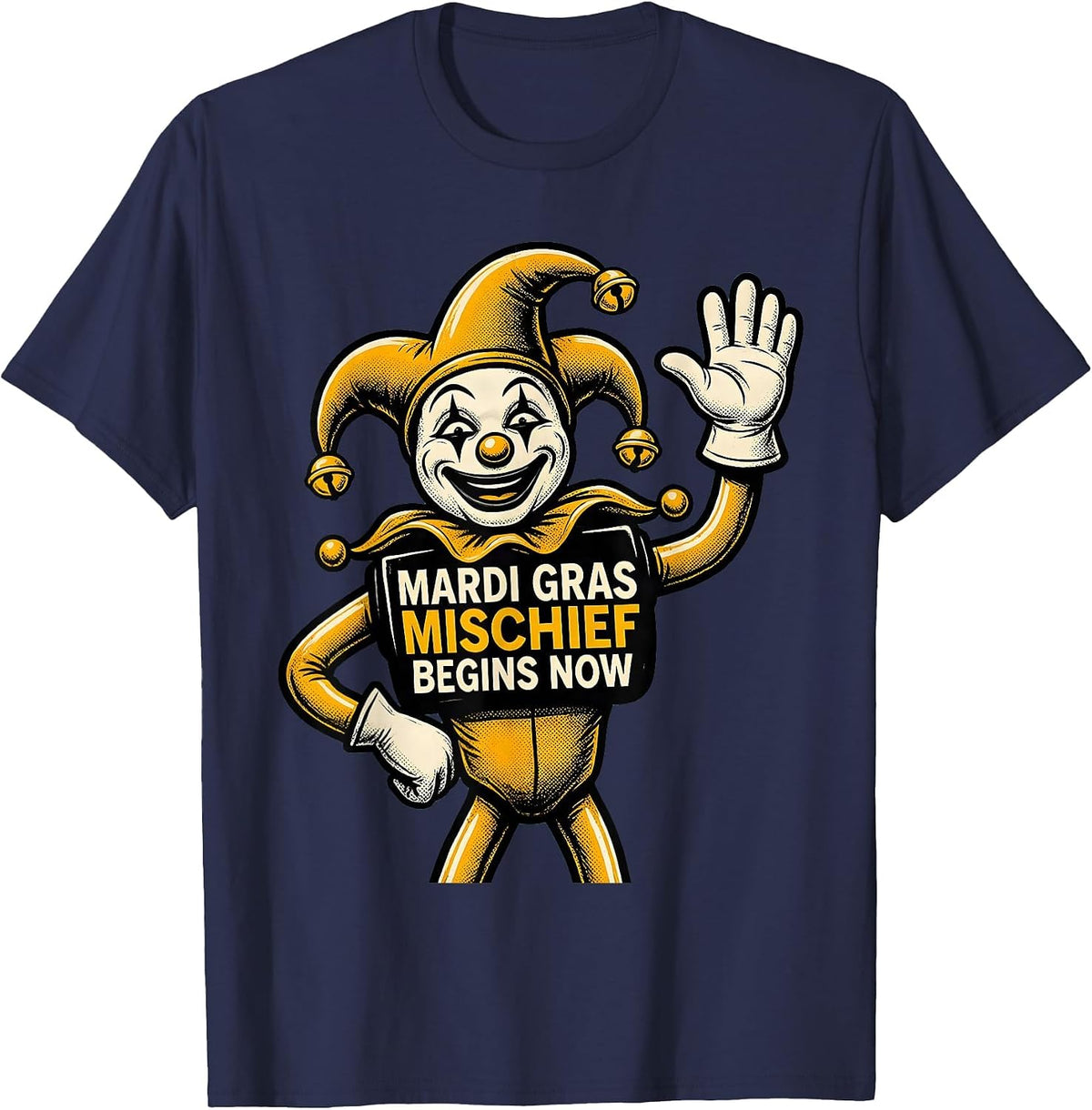 Mardi Gras Mischief Begins Now Retro Cartoon Jester Carnival T-Shirt - Navy Blue