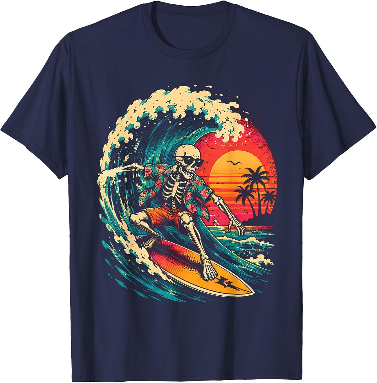 Vintage Surfing Skeleton Halloween Surfboard for Men Boys T-Shirt - Navy Blue