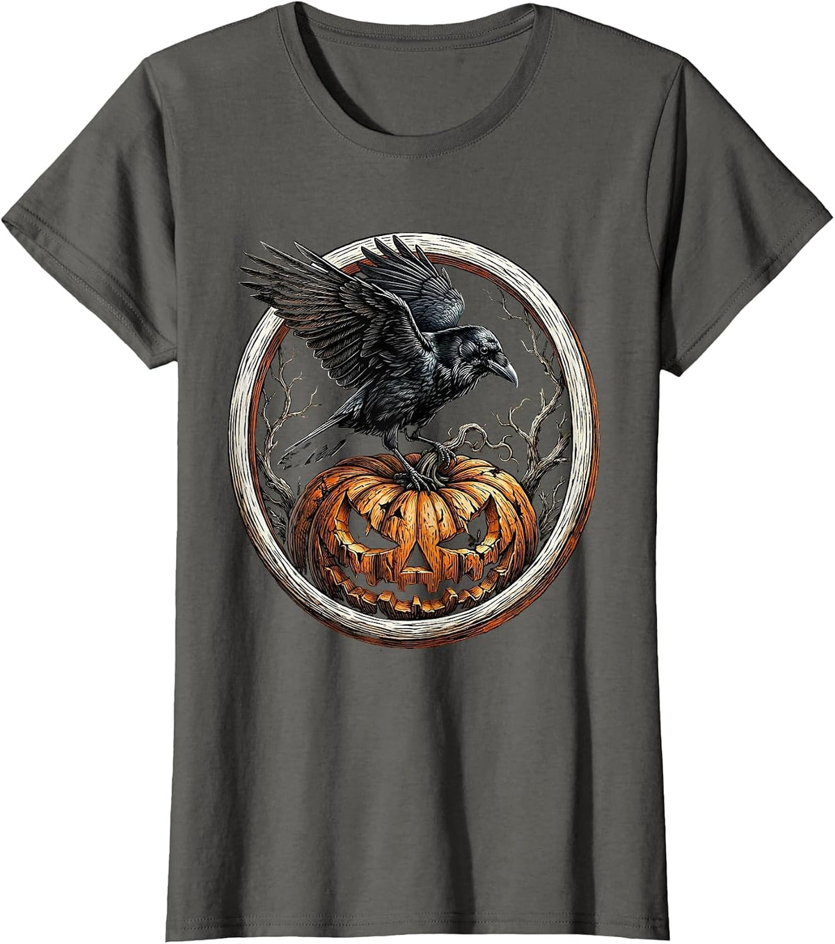 Women's Crow Perched on Rotting Pumpkin Halloween Design T-Shirt - Asphalt Grey