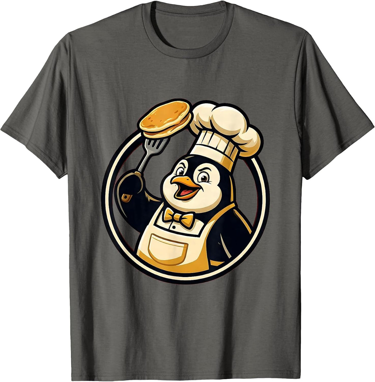 Penguin Chef Flipping Pancake Funny Cooking Art T-Shirt - Asphalt Grey