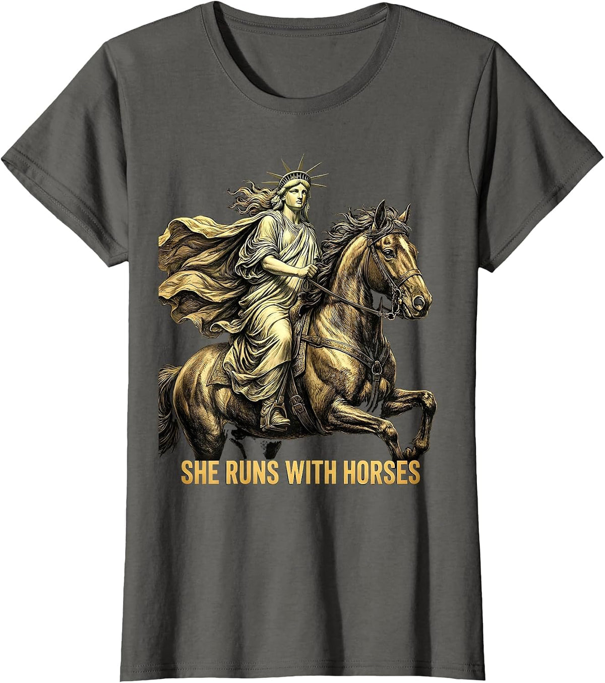 Women's She Runs With Horses Equestrian Design T-Shirt - Asphalt Grey