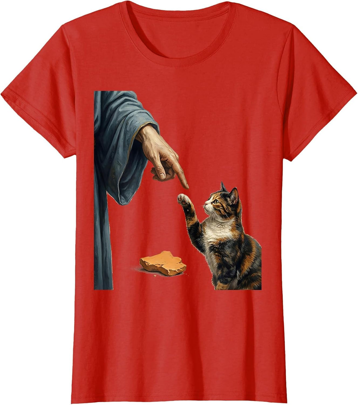 Women's Cat God Creation of Adam Parody Funny Cat Lover Gift T-Shirt - Red