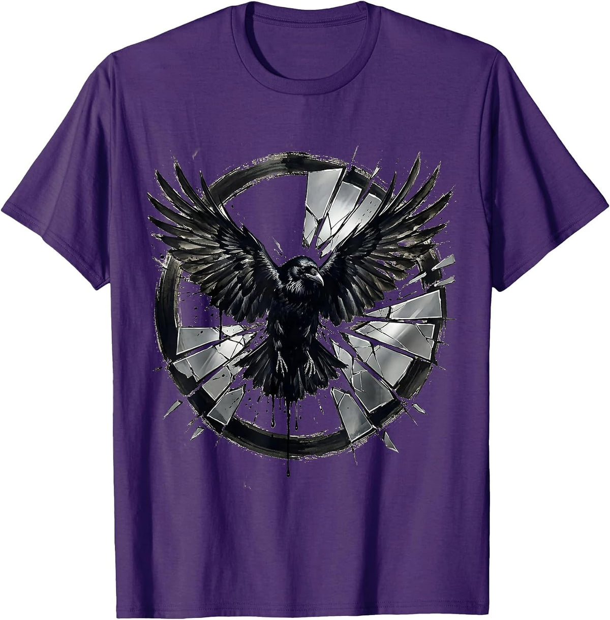 Crow Bursting Through Cracked Mirror Shards T-Shirt - Purple