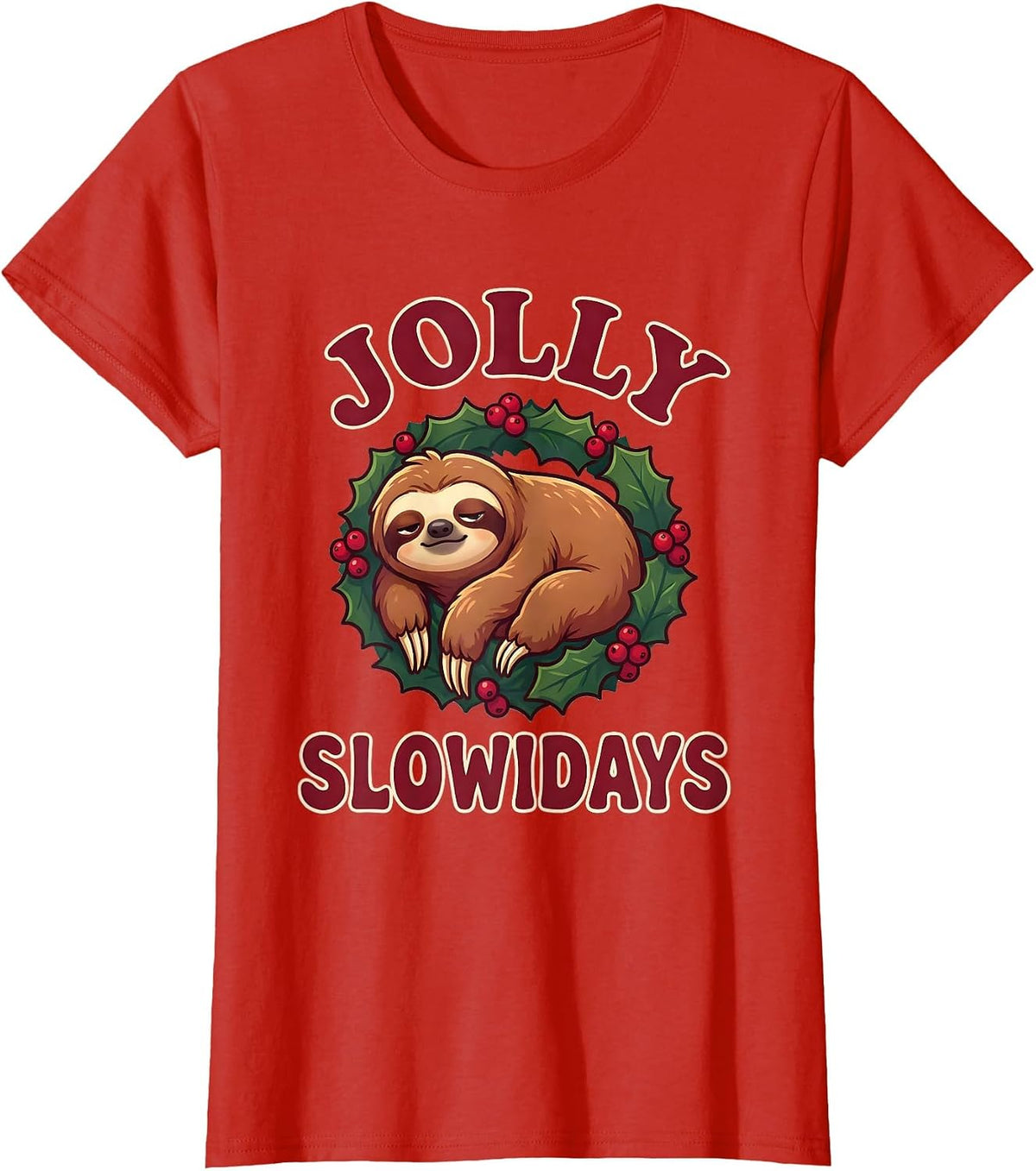 Jolly Slowidays Cute Kawaii Sloth Lover Funny Christmas T-Shirt - Red