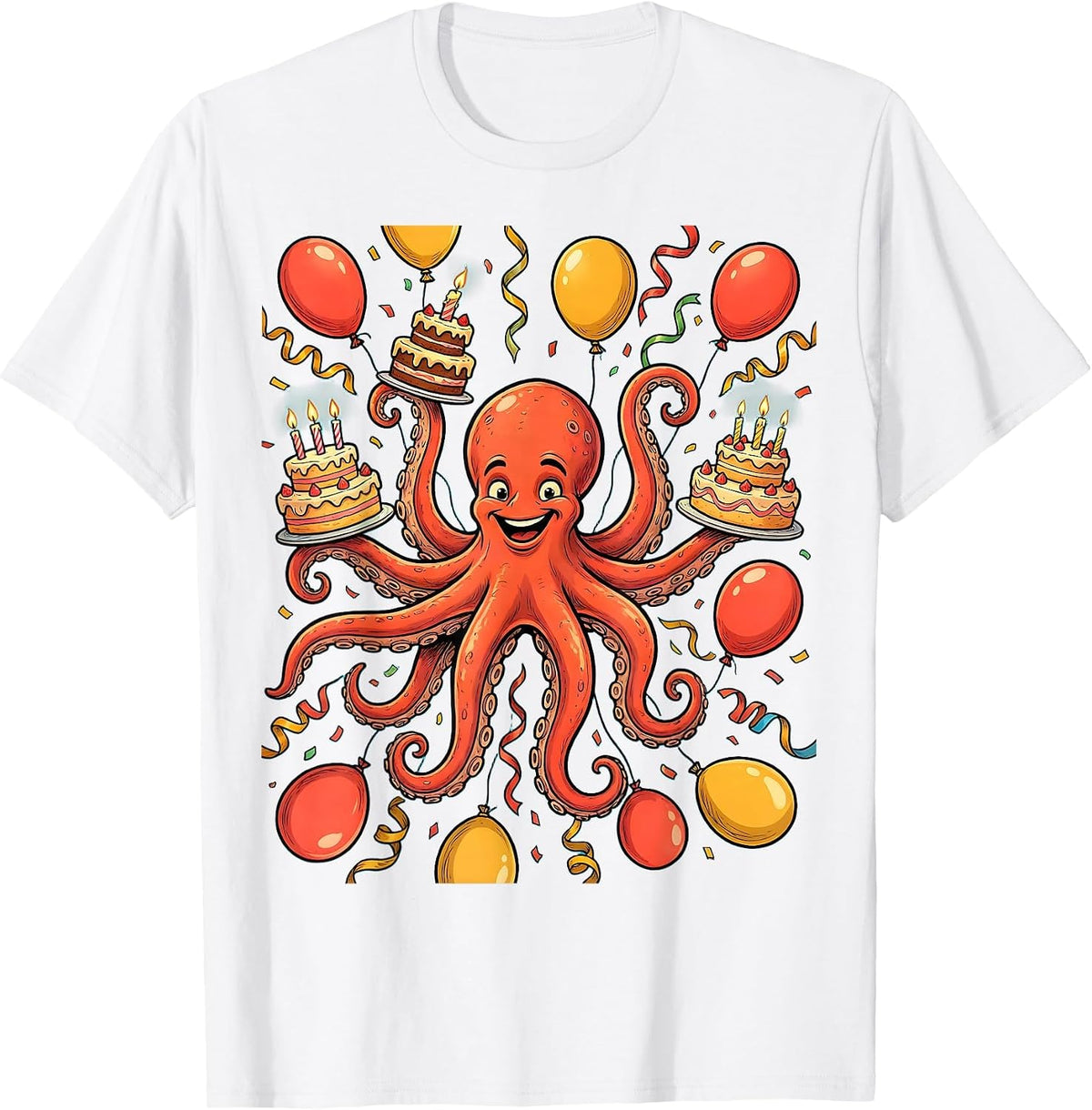 Men's Octopus Birthday Party Balloon Celebration Graphic T-Shirt - White
