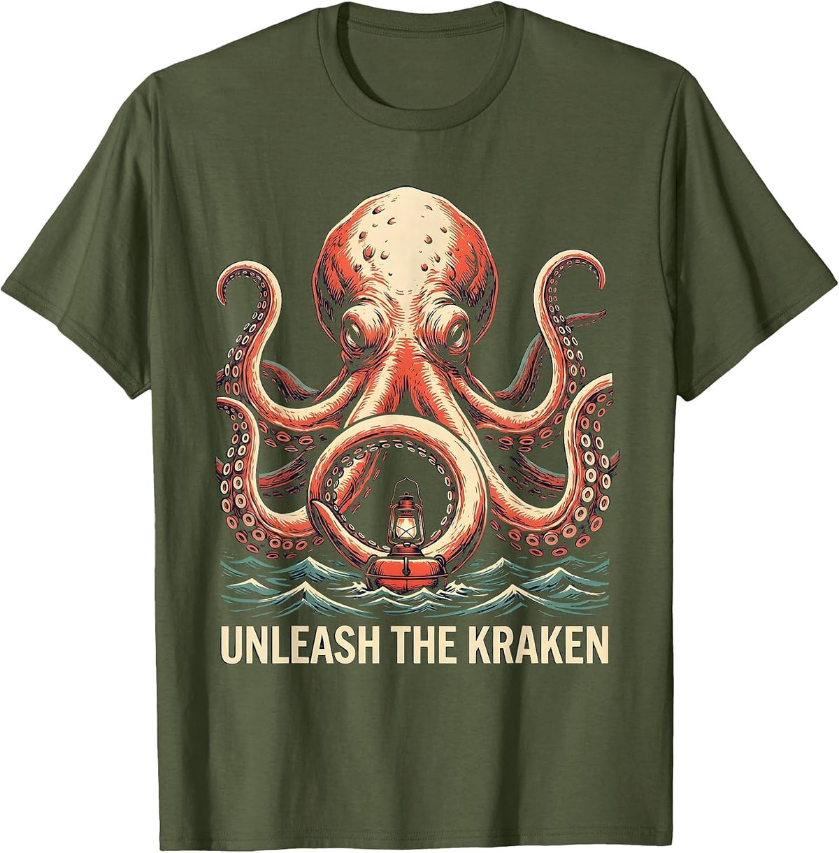 Unleash The Kraken Playful Octopus Sea Monster Ocean Lover T-Shirt - Olive Green