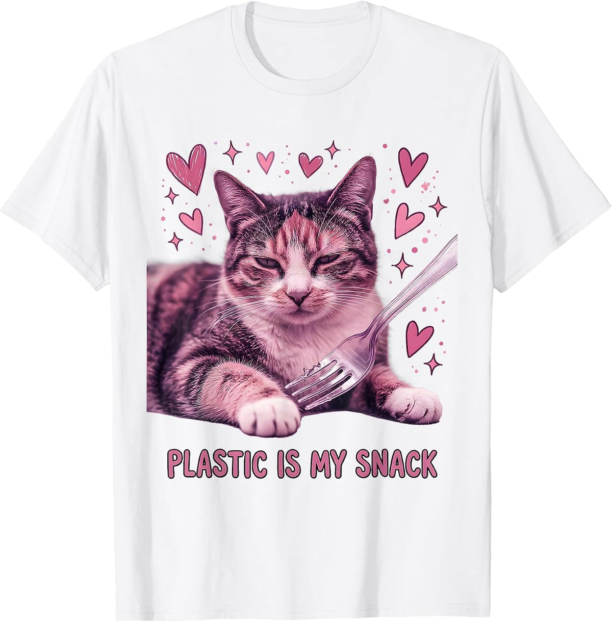 Men's Plastic Is My Snack Cute Cat Meme Absurdist Irony T-Shirt - White