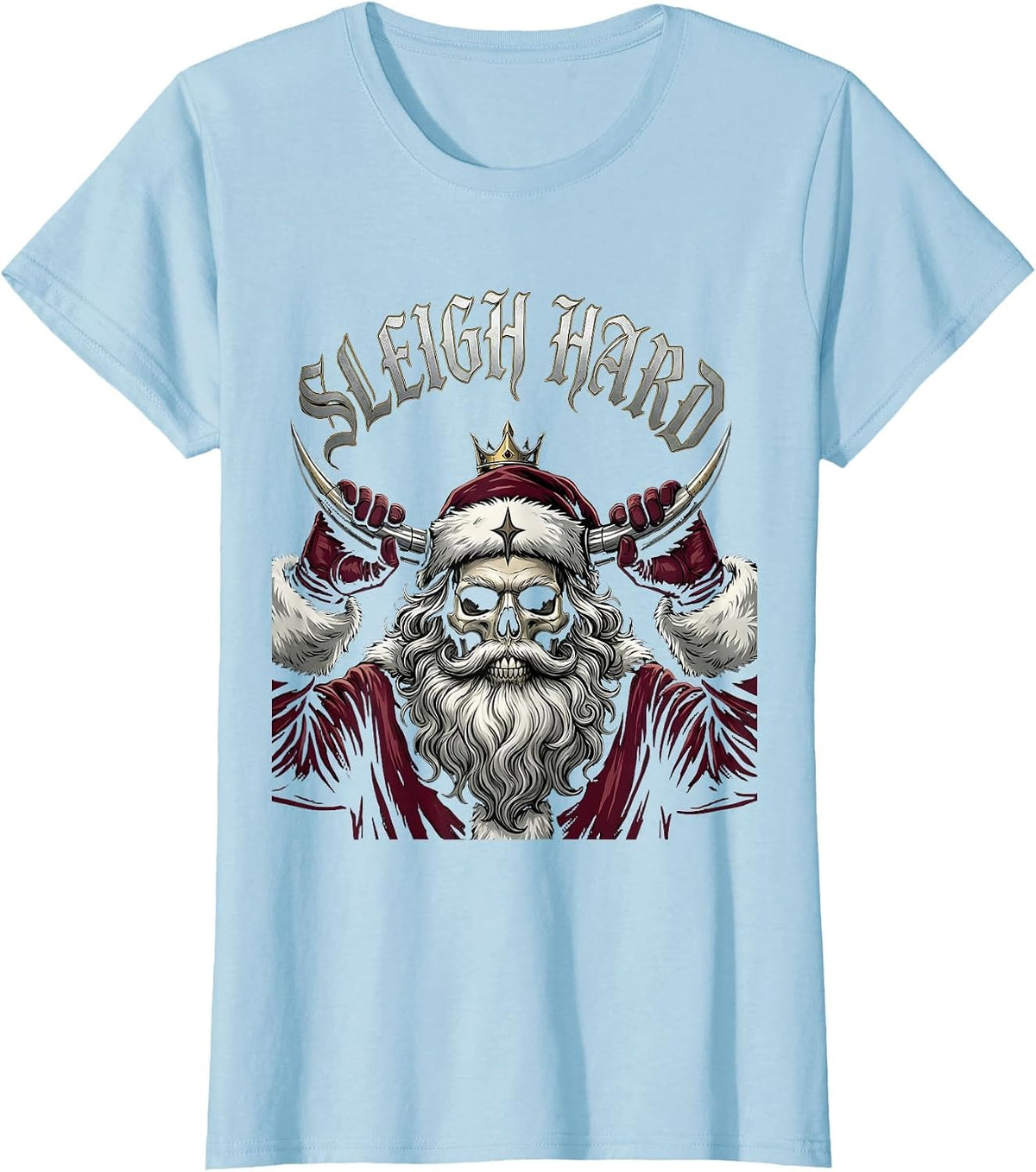 Women's Sleigh Hard Gothic Heavy Metal Santa Claus Christmas Humor T-Shirt - Baby Blue