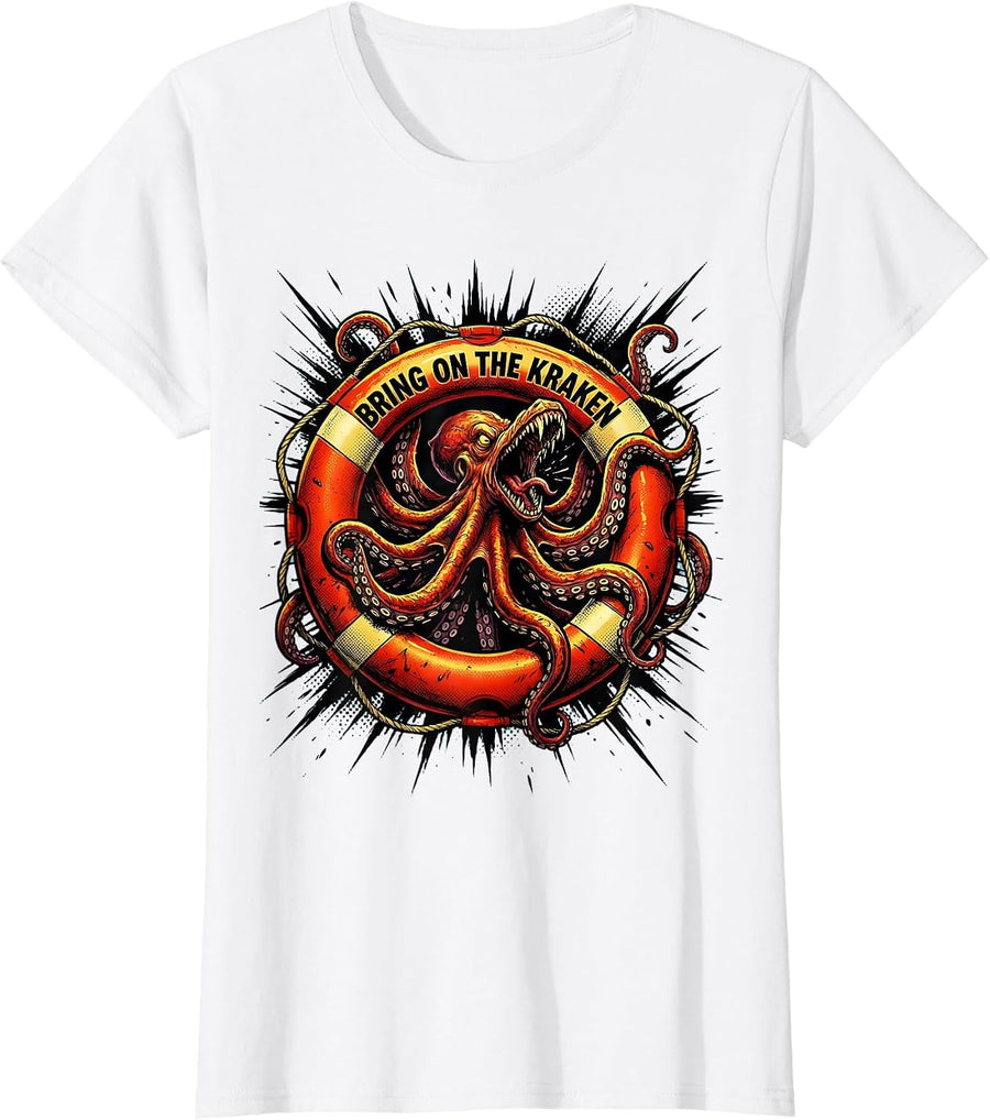Women's Bring On The Kraken Comic Book Octopus Marine Life Ocean T-Shirt - White