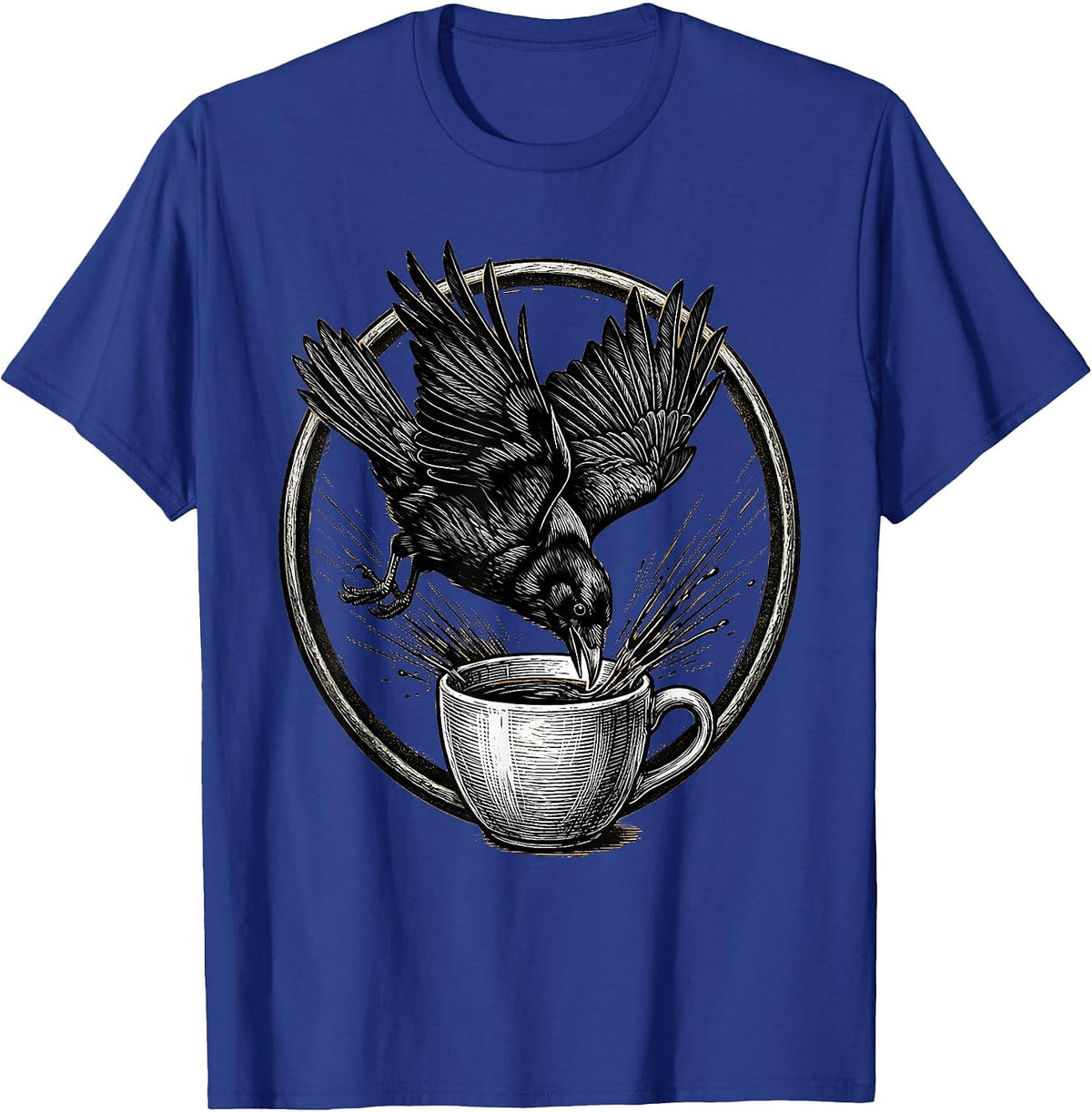 Men's Crow Diving Into Coffee Mug Funny Bird Art T-Shirt - Royal Blue