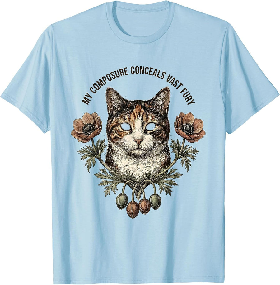 Men's My Composure Conceals Vast Fury Botanical Cat Meme Humor T-Shirt - Baby Blue