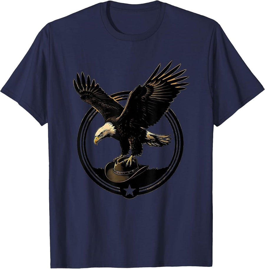 Bald Eagle Carrying Cowboy Hat Graphic T-Shirt - Navy Blue