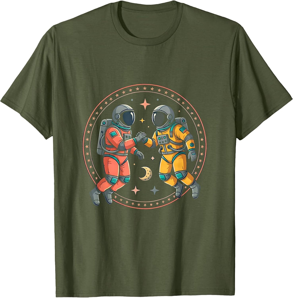 Couples Astronauts Floating Together in Deep Space T-Shirt - Olive Green