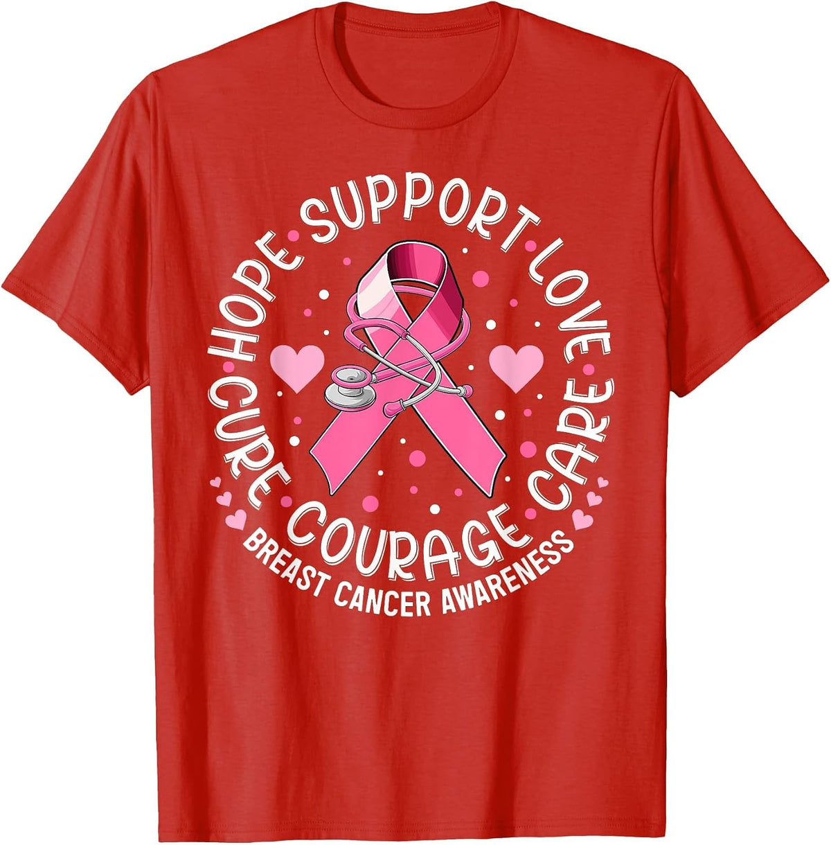 Breast Cancer Awareness Pink Ribbon Nurse Scrub Top Support T-Shirt - Red