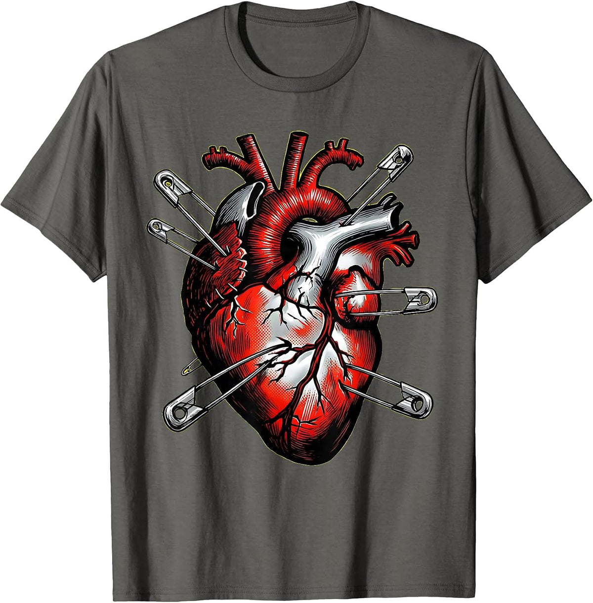 Punk Rock Safety Pin Stitched Heart Graphic T-Shirt - Asphalt Grey