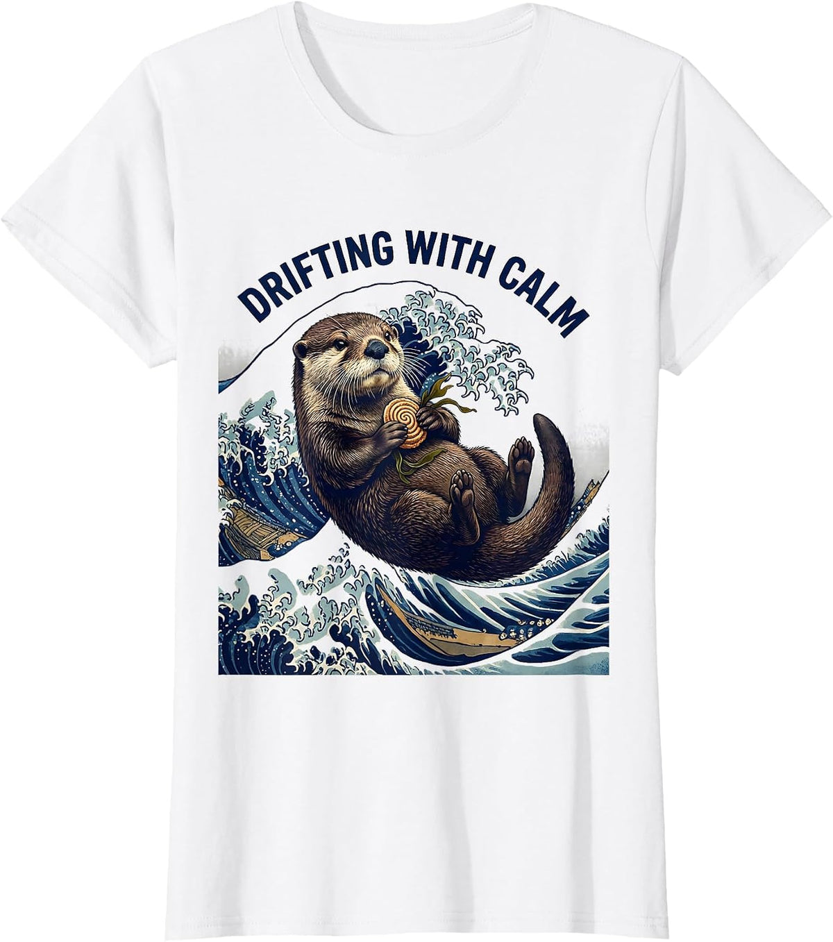 Drifting With Calm Ukiyo-e Sea Otter Lover Pun Humor T-Shirt - White
