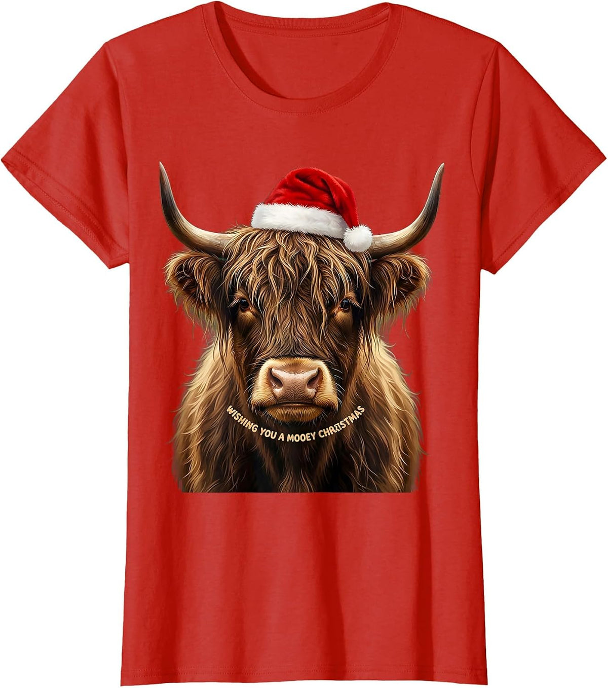 Wishing You a Mooey Christmas Highland Cow Santa Hat Farm T-Shirt - Red