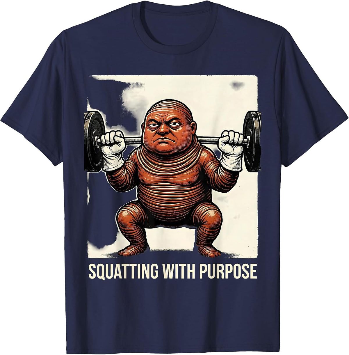 Men's Squatting With Purpose Retro Cartoon Funny Gym Weightlifting T-Shirt - Navy Blue