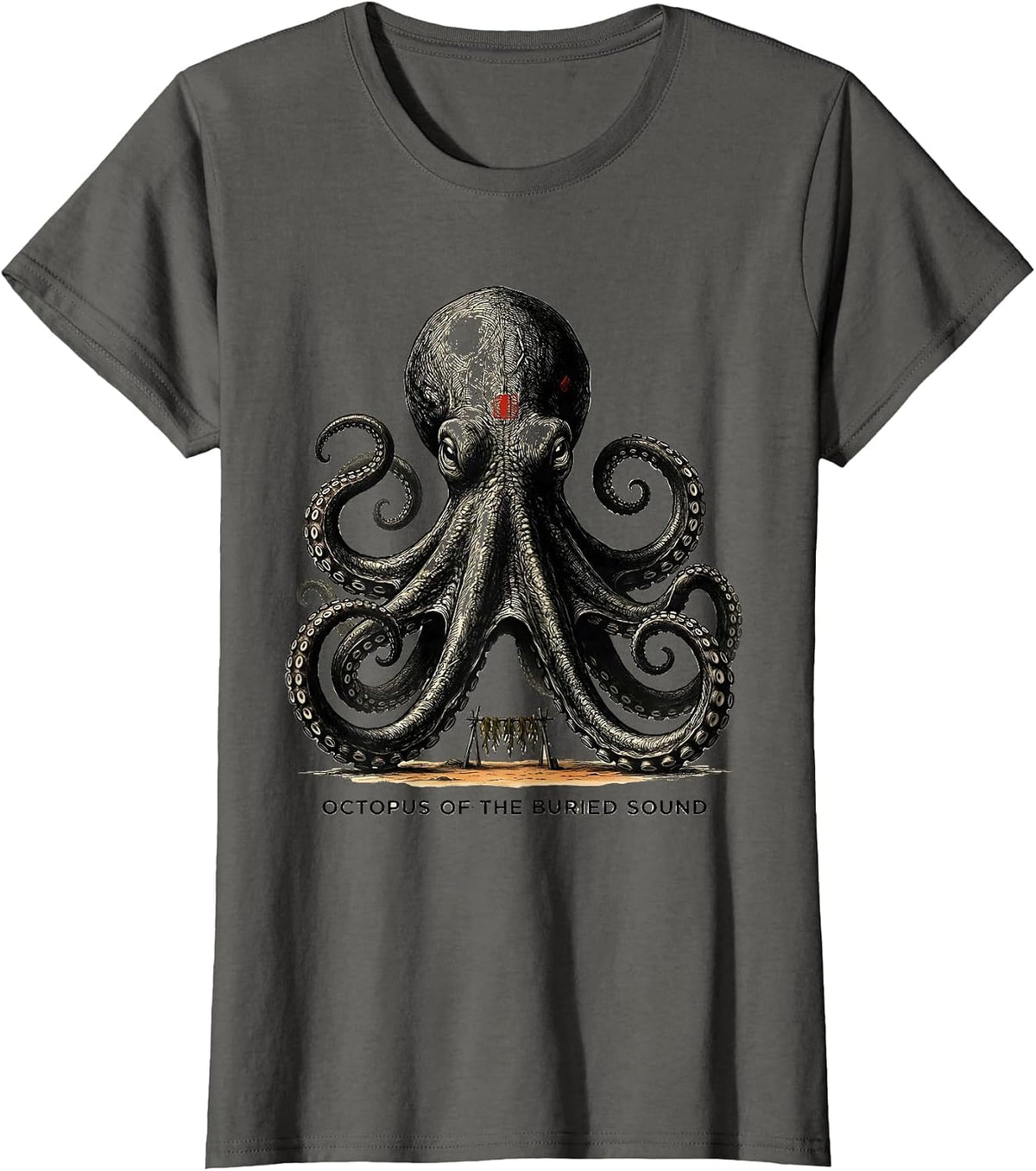 Women's Octopus of the Buried Sound Monochromatic Japanese Aesthetic T-Shirt - Asphalt Grey