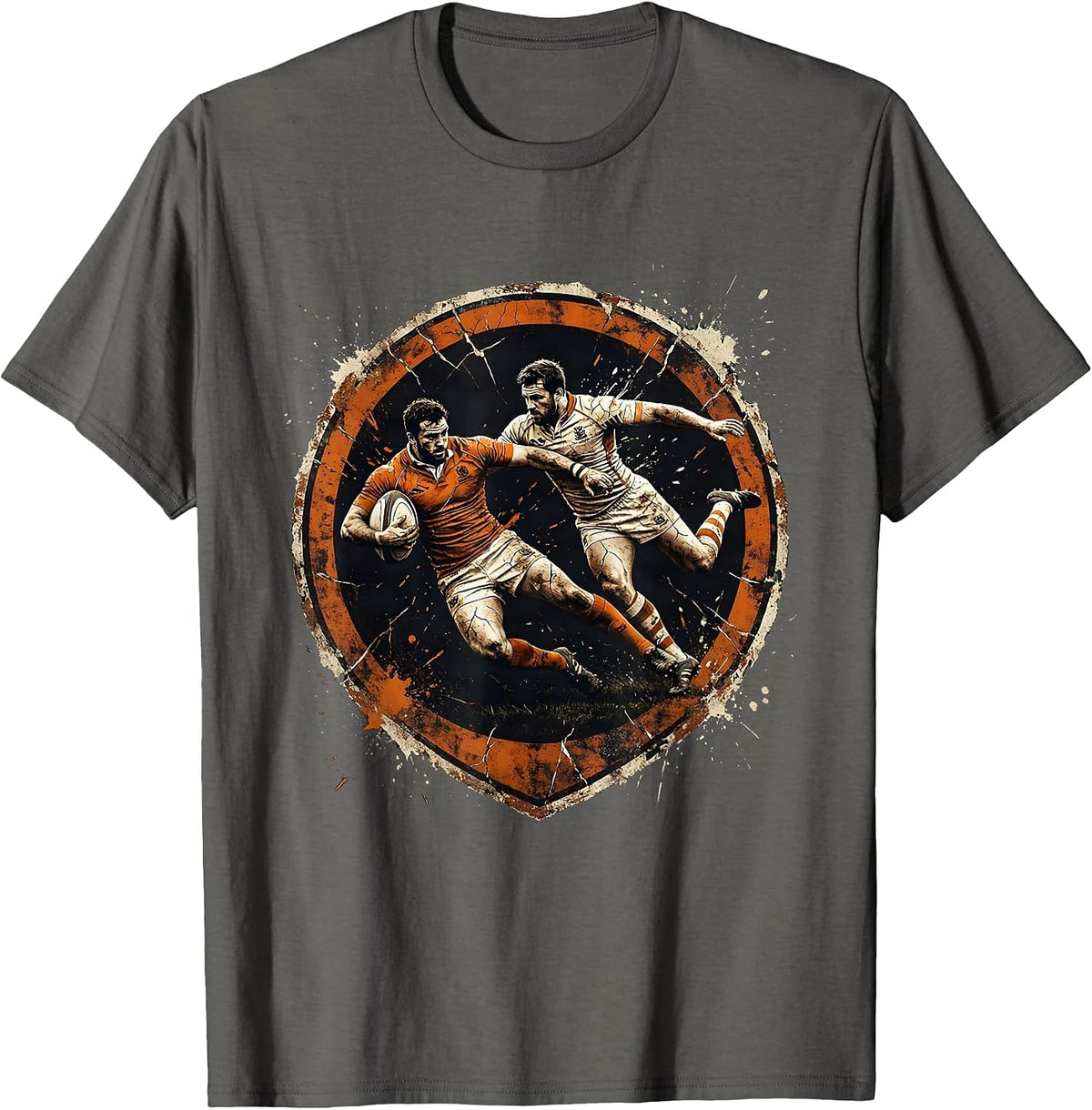 Rugby Mid-Air Collision Graphic Design T-Shirt - Asphalt Grey