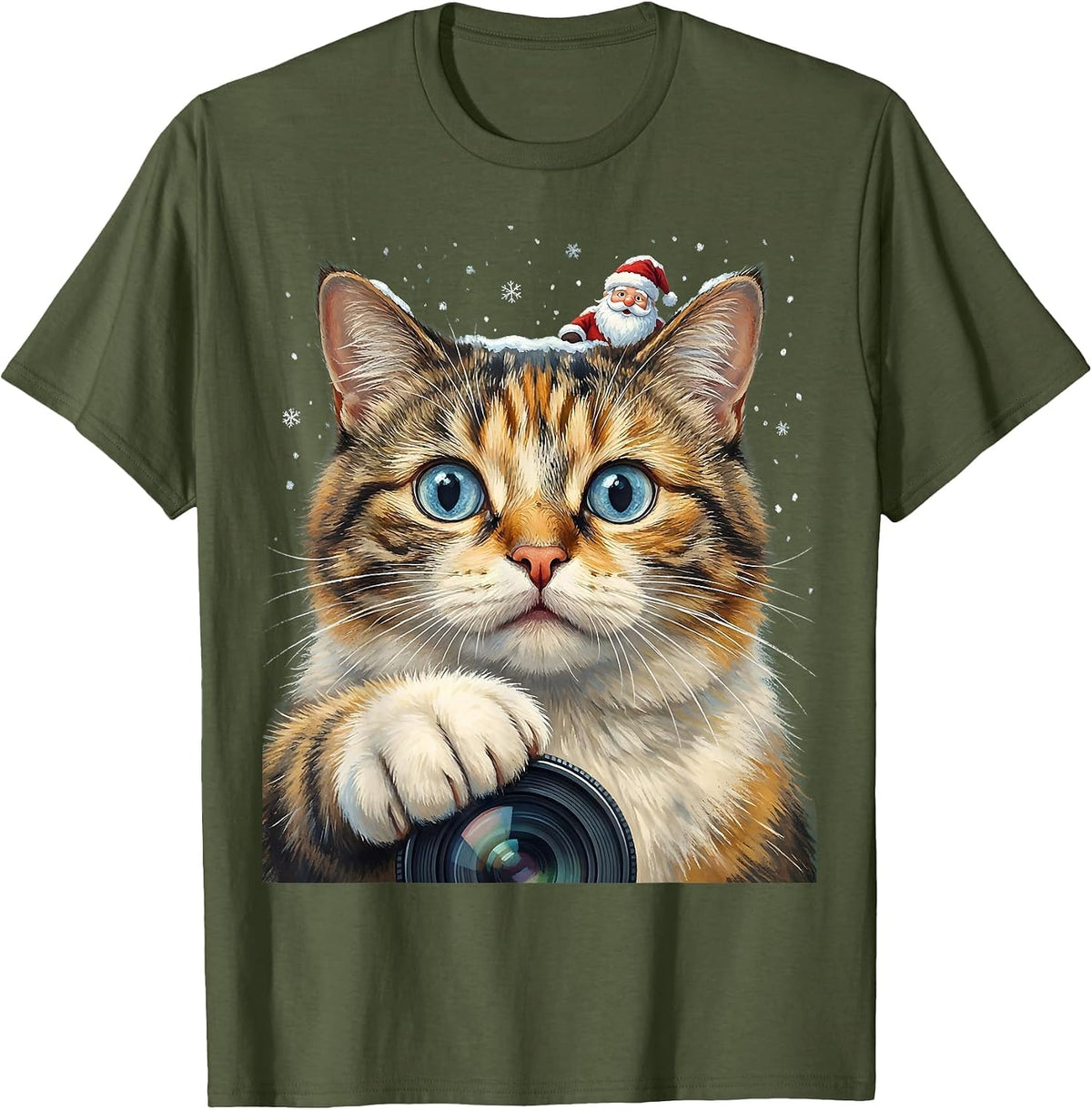 Men's Cat Selfie With Santa Storybook Funny Christmas Humor T-Shirt - Olive Green