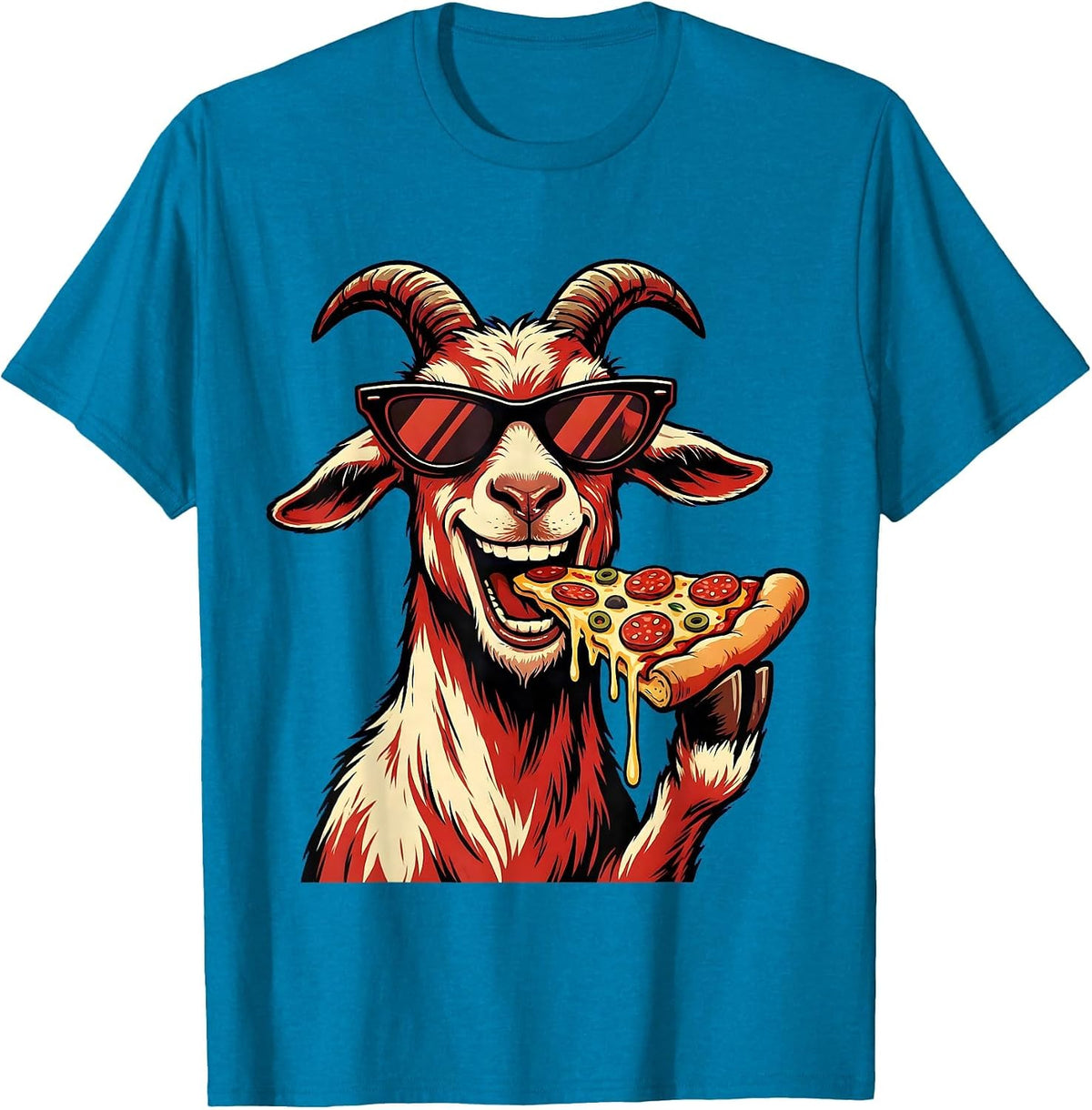 Cool Goat in Sunglasses Eating Pizza Funny T-Shirt - Sapphire Blue