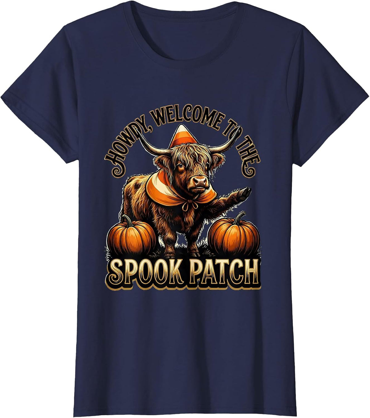 Women's Howdy, Welcome To The Spook Patch Cute Highland Cow T-Shirt - Navy Blue