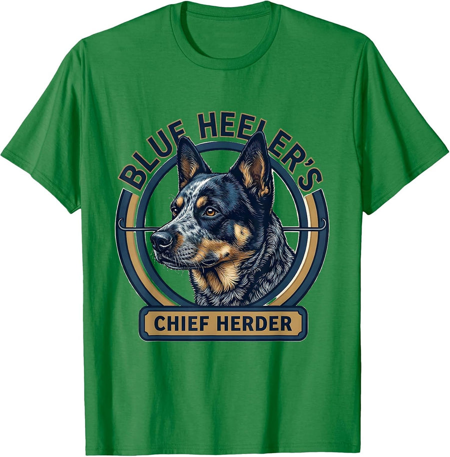 Men's Blue Heeler's Chief Herder Funny Australian Cattle Dog Owner T-Shirt - Kelly Green