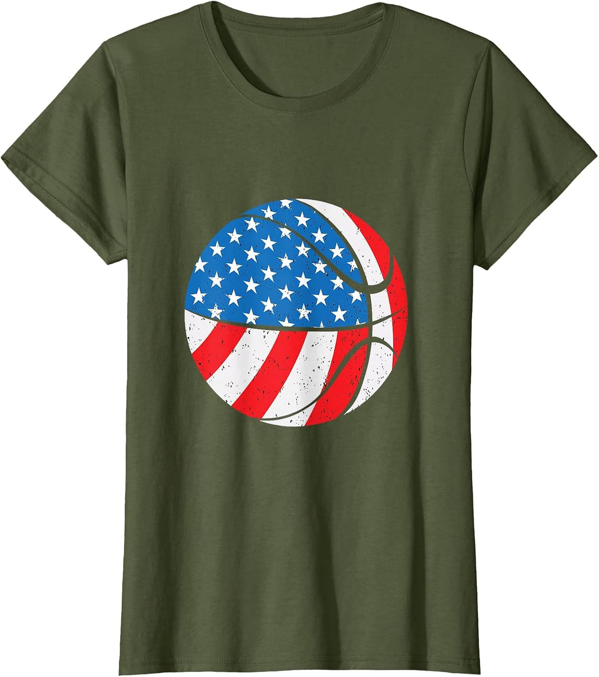 Basketball Ball 4th of July American Flag Patriotic T-Shirt - Olive Green