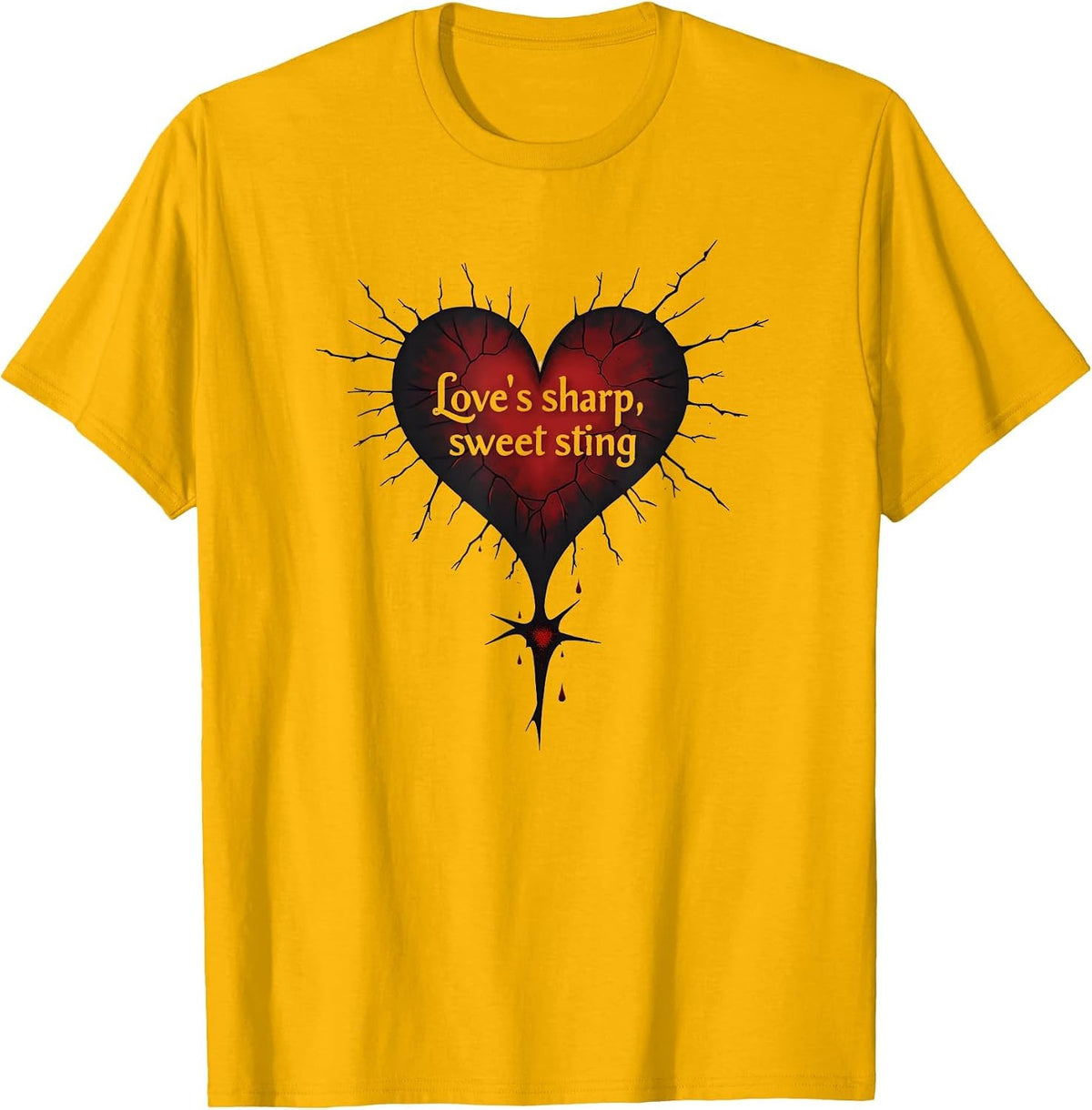 Love's Sharp Sweet Sting Romantic Gothic Design T-Shirt - Golden Yellow