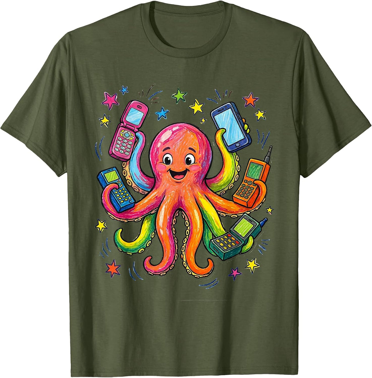 Men's Octopus Multitasking With Eight Phones Funny Art T-Shirt - Olive Green
