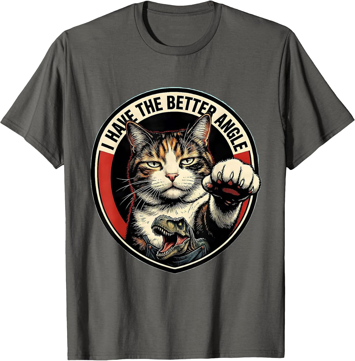 Men's I Have The Better Angle Comic Book Cat Selfie With T-Rex T-Shirt - Asphalt Grey