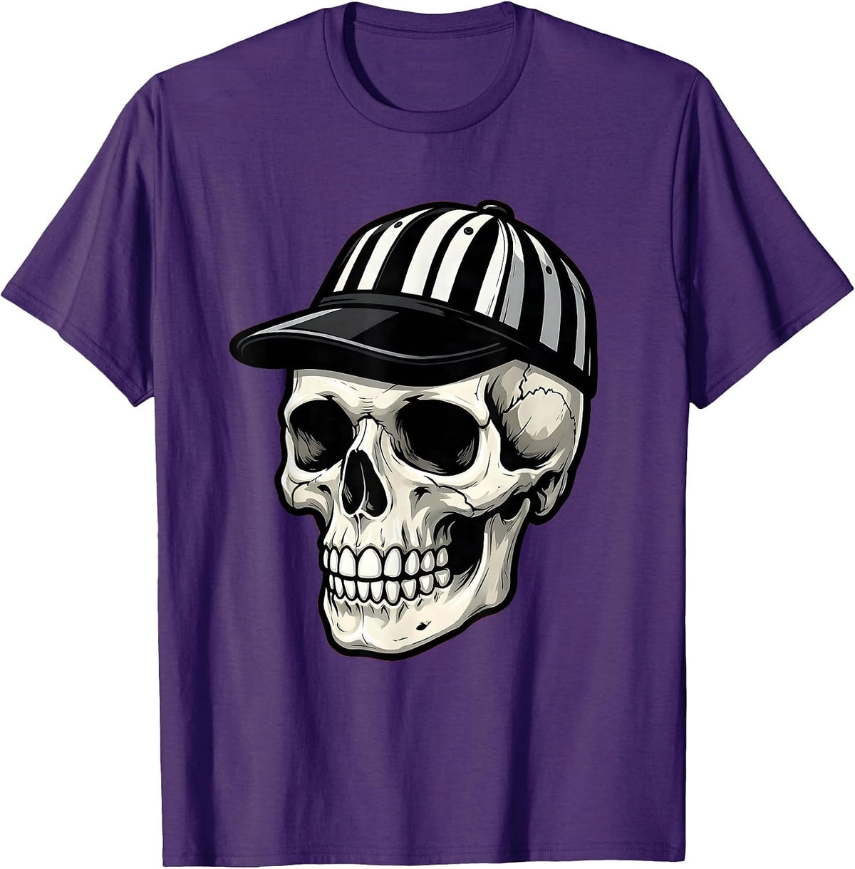 Skull in Black and White Striped Cap Graphic T-Shirt - Purple