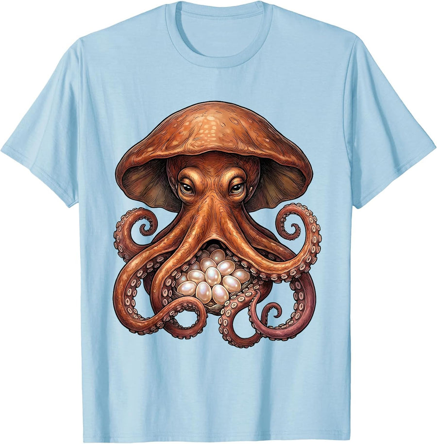 Men's Mother Octopus Sheltering Eggs Illustration T-Shirt - Baby Blue