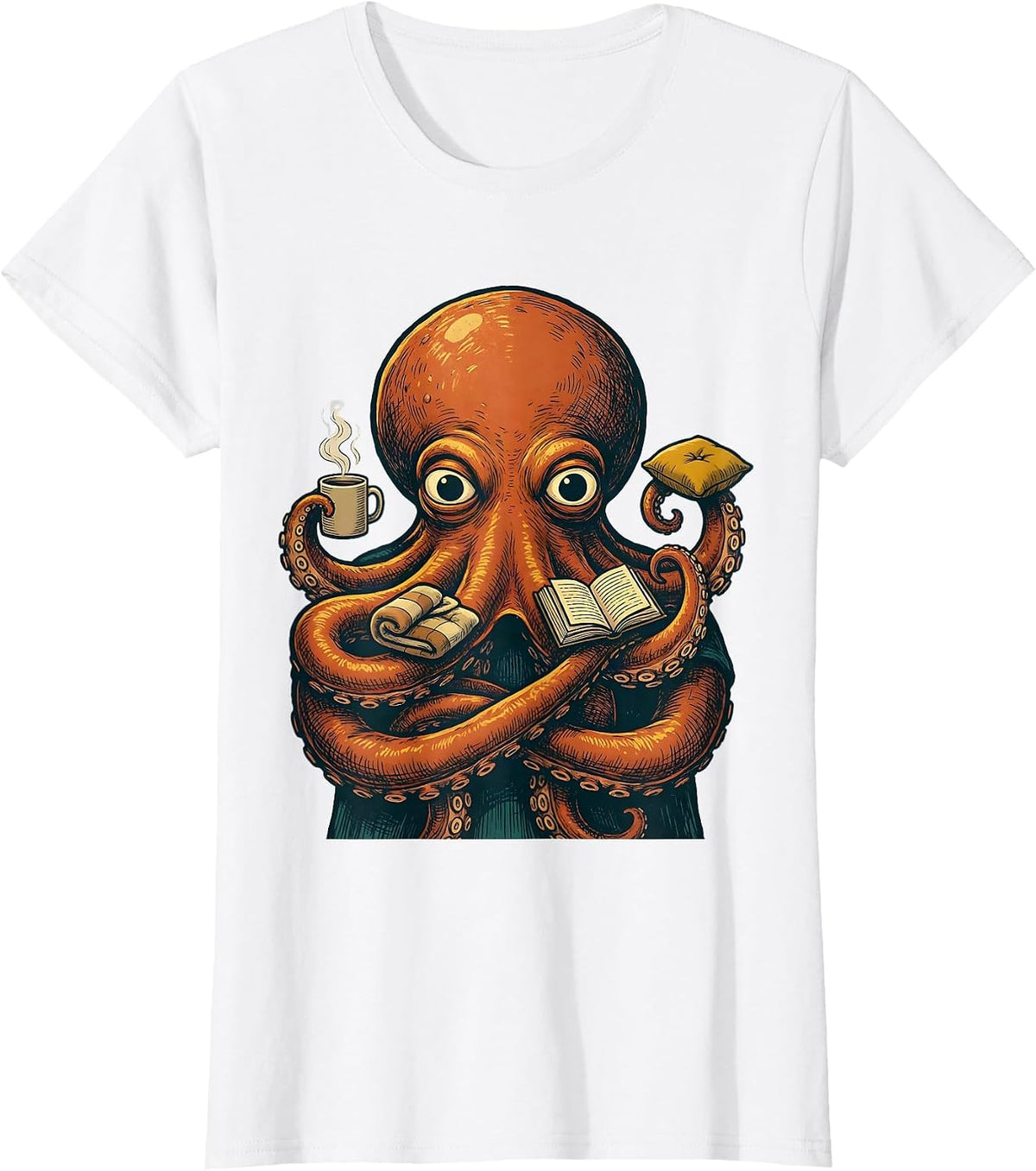 Storybook Octopus Cozy Objects Illustration Ocean Animal T-Shirt - White