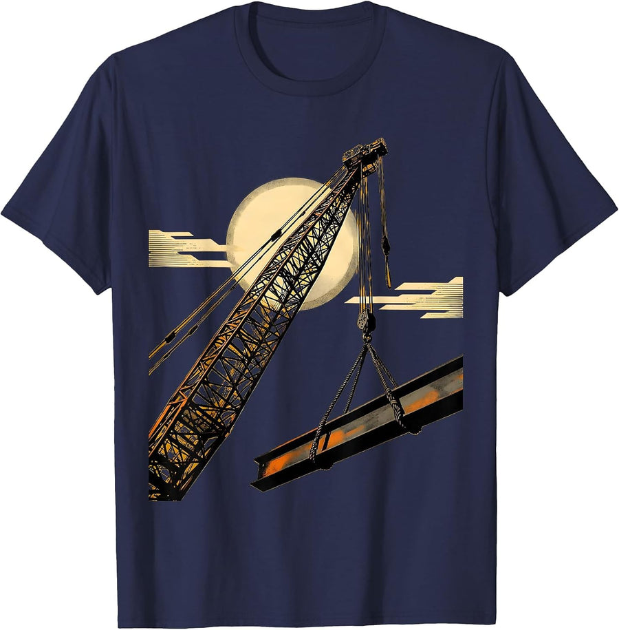 Crane Lifting Steel Beam at Sunset Illustration T-Shirt - Navy Blue