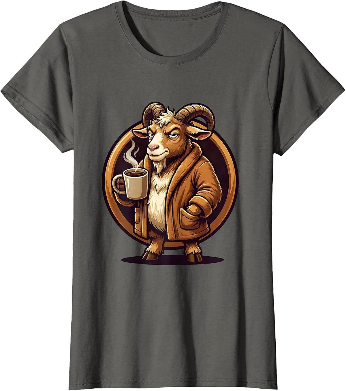 Women's Goat in Bathrobe Morning Coffee Funny Illustration T-Shirt - Asphalt Grey