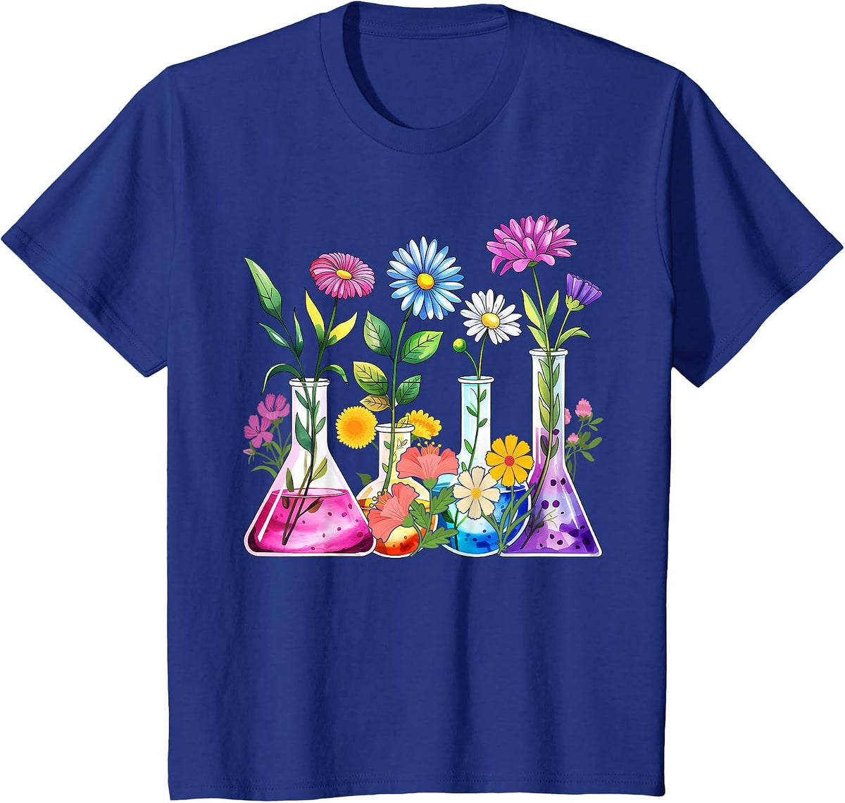 Floral Beakers Laboratory Chemistry Lab Scientist Lab Tech T-Shirt - Royal Blue