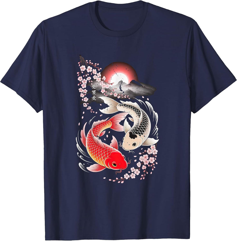 Koi Fish Yin Yang with Cherry Blossom and Water Waves Art T-Shirt - Navy Blue