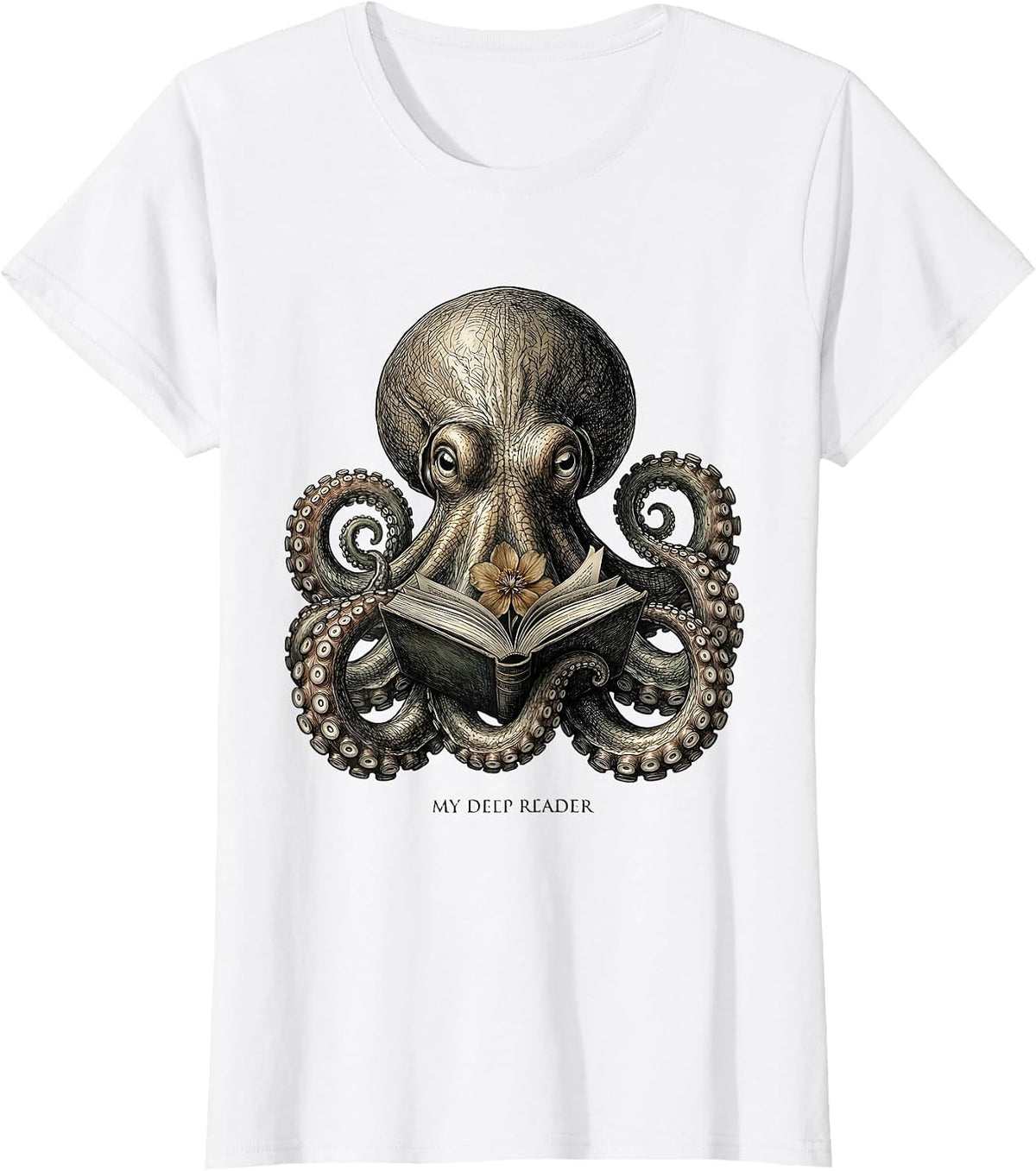 Women's My Deep Reader Botanical Octopus Book Lover Reader Art T-Shirt - White