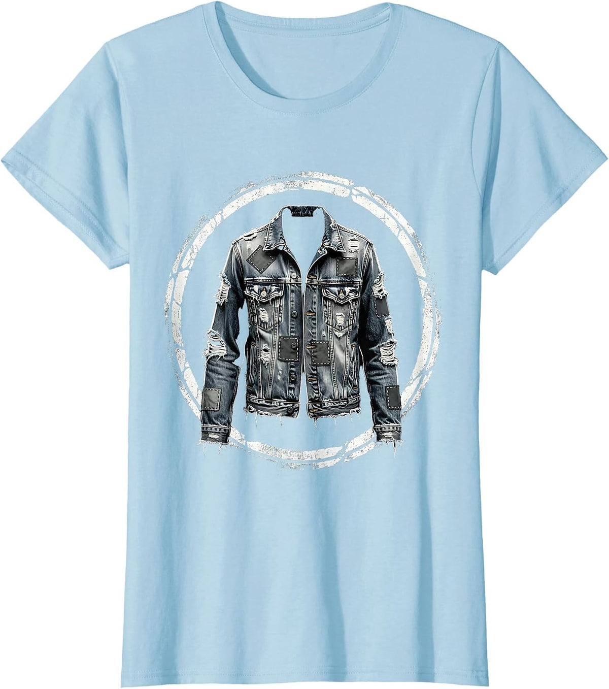 Women's Grunge Patched Denim Jacket Illustration T-Shirt - Baby Blue