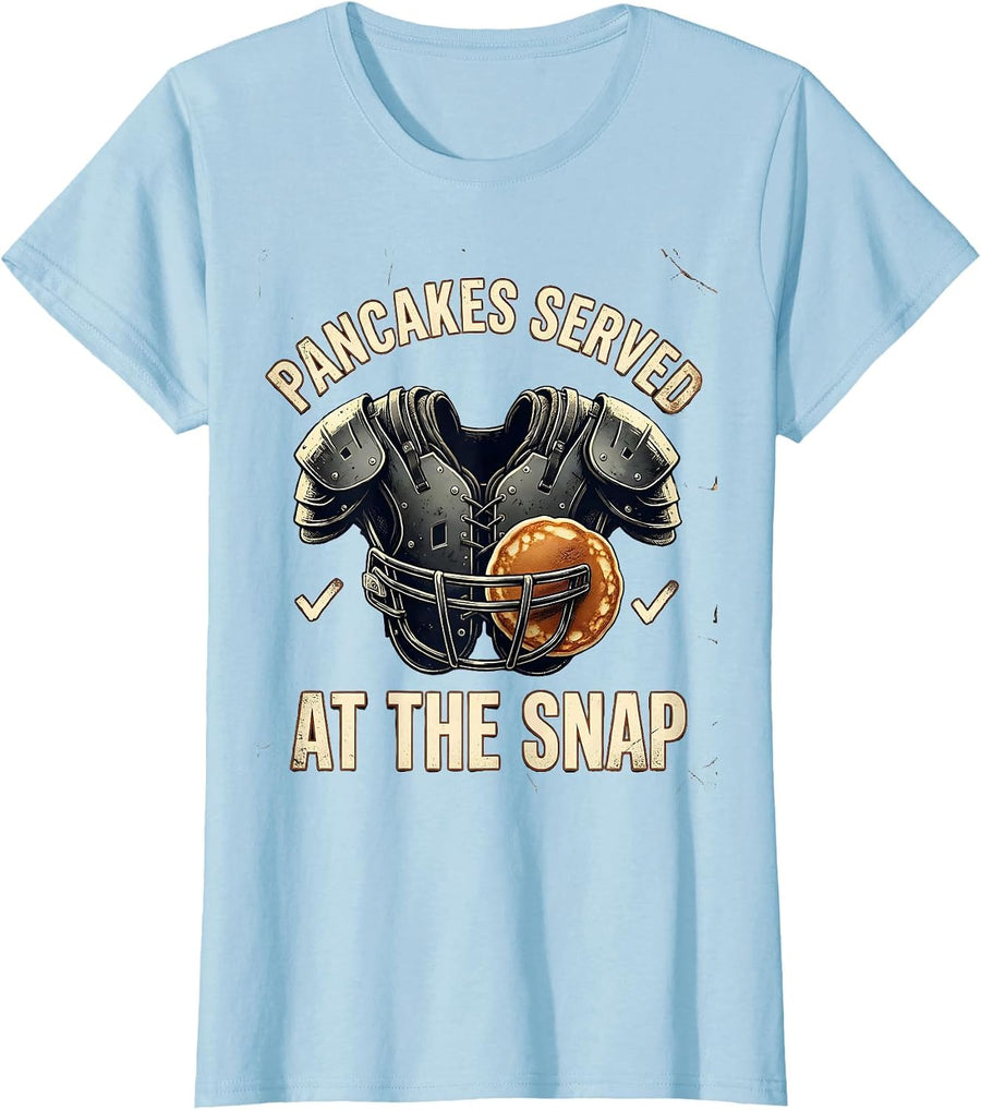 Women's Pancakes Served At The Snap Distressed Football Lineman T-Shirt - Baby Blue